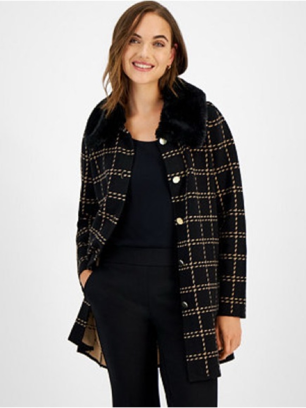 Anne Klein Kaspar Faux Fur Collar Knit Coat